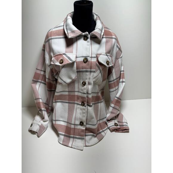 Love Tree Women’s Shacket Pink White Plaid Button Up Sz Large - Picture 1 of 8